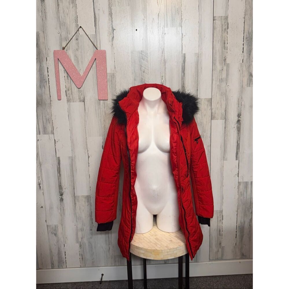 Michael Kors Women Red Puffer Coat Faux Fur Hood Winter Jacket Size